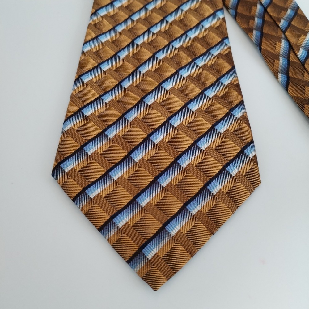 Van Heusen Mens Necktie Silk Bronze‎ Gold Blue Geometric Diagonal Plaid 3.75"